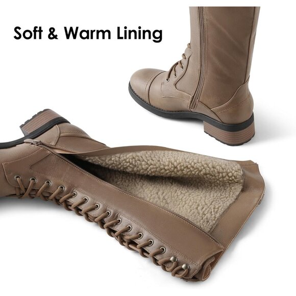 Women's Polyurethane Pu Georgia-Khaki Double buckle Knee High Riding Combat Boot - Picture 2 of 9